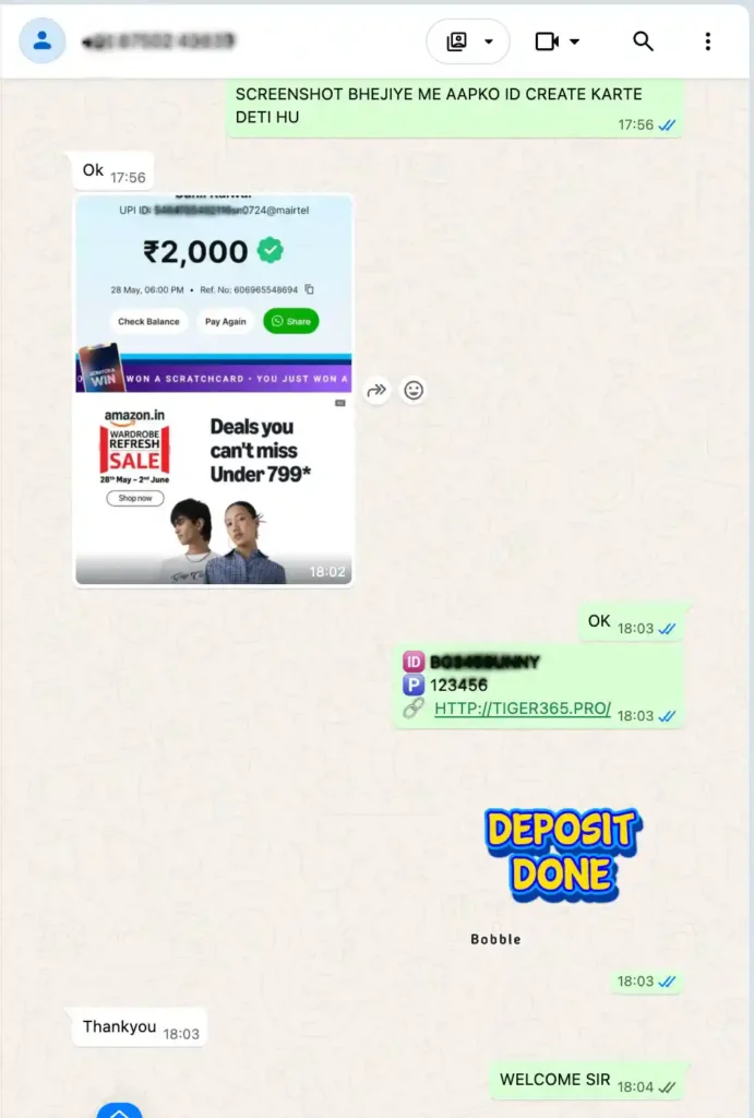 WhatsApp chat showing a ₹2,000 UPI payment proof image and green confirmation messages about a completed deposit.