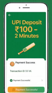 Mobile screen showing 'UPI Deposit ₹100 – 2 Minutes' on a green background with a cricket bat graphic and a 'Payment Success' card below.