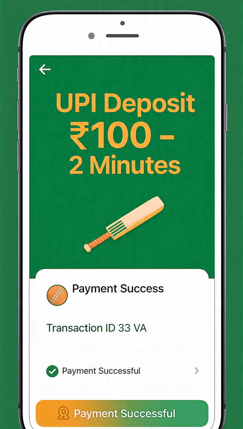 Mobile screen showing 'UPI Deposit ₹100 – 2 Minutes' on a green background with a cricket bat graphic and a 'Payment Success' card below.