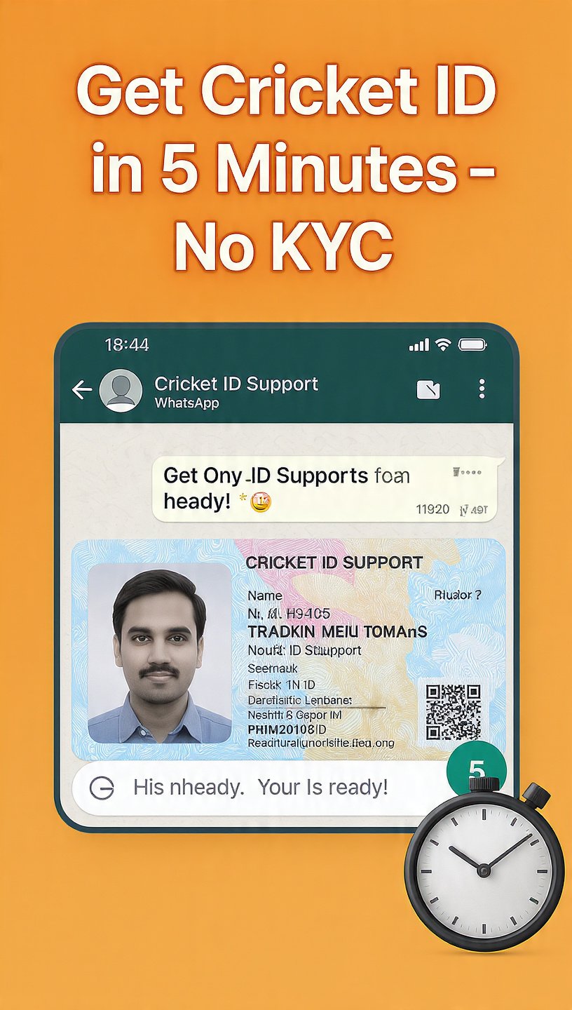 Advertisement showing a mobile screen with a 'Get Cricket ID in 5 Minutes – No KYC' message, a WhatsApp chat, a government-style ID card on screen, and a stopwatch on an orange background describing a quick ID service.