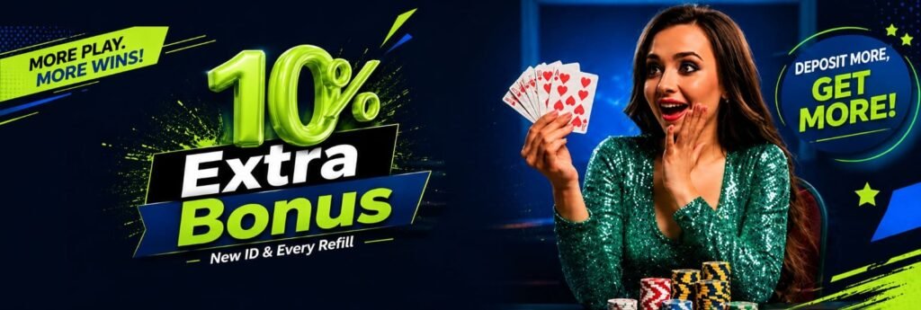 Casino promo banner: '10% Extra Bonus' with a woman in a green sequin dress holding playing cards and poker chips on a dark blue background.